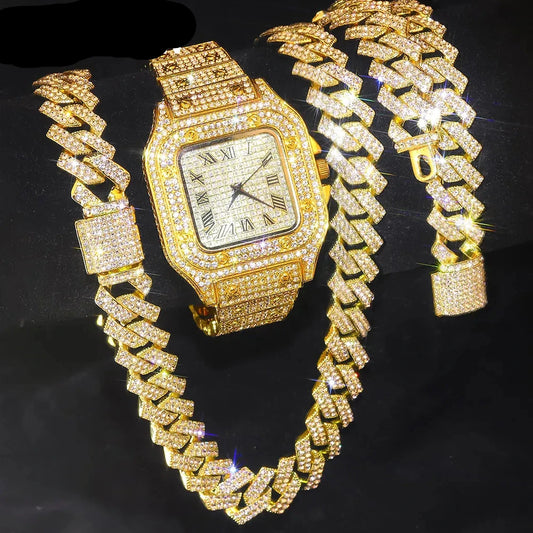 Gold Color Cuban Chain Watch for Men, Hip Hop Miami Curb, Iced Out Rhinestones, Bling Necklace + Bracelet Jewelry