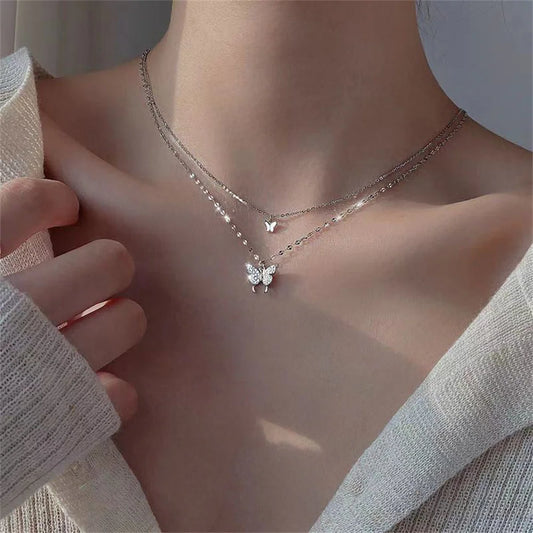 Shiny Butterfly Necklace - Double Layer Clavicle Chain